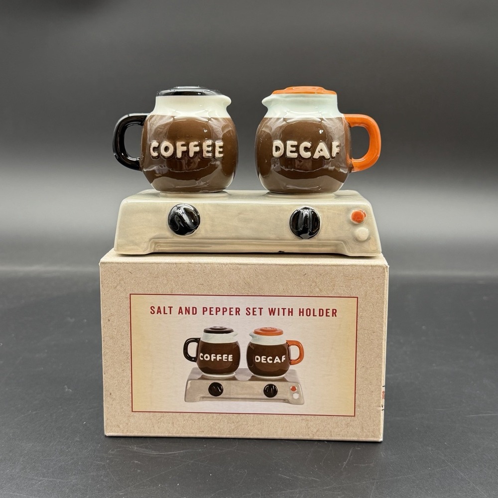 Cracker Barrel Coffee Pots Reg/Decaf Salt and Pepper Shaker Set with Holder New